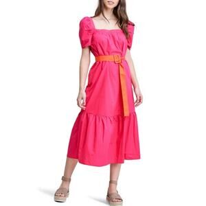 En Saison Dress Women Small Pink Orange Belted Poplin Puff Sleeve Midi